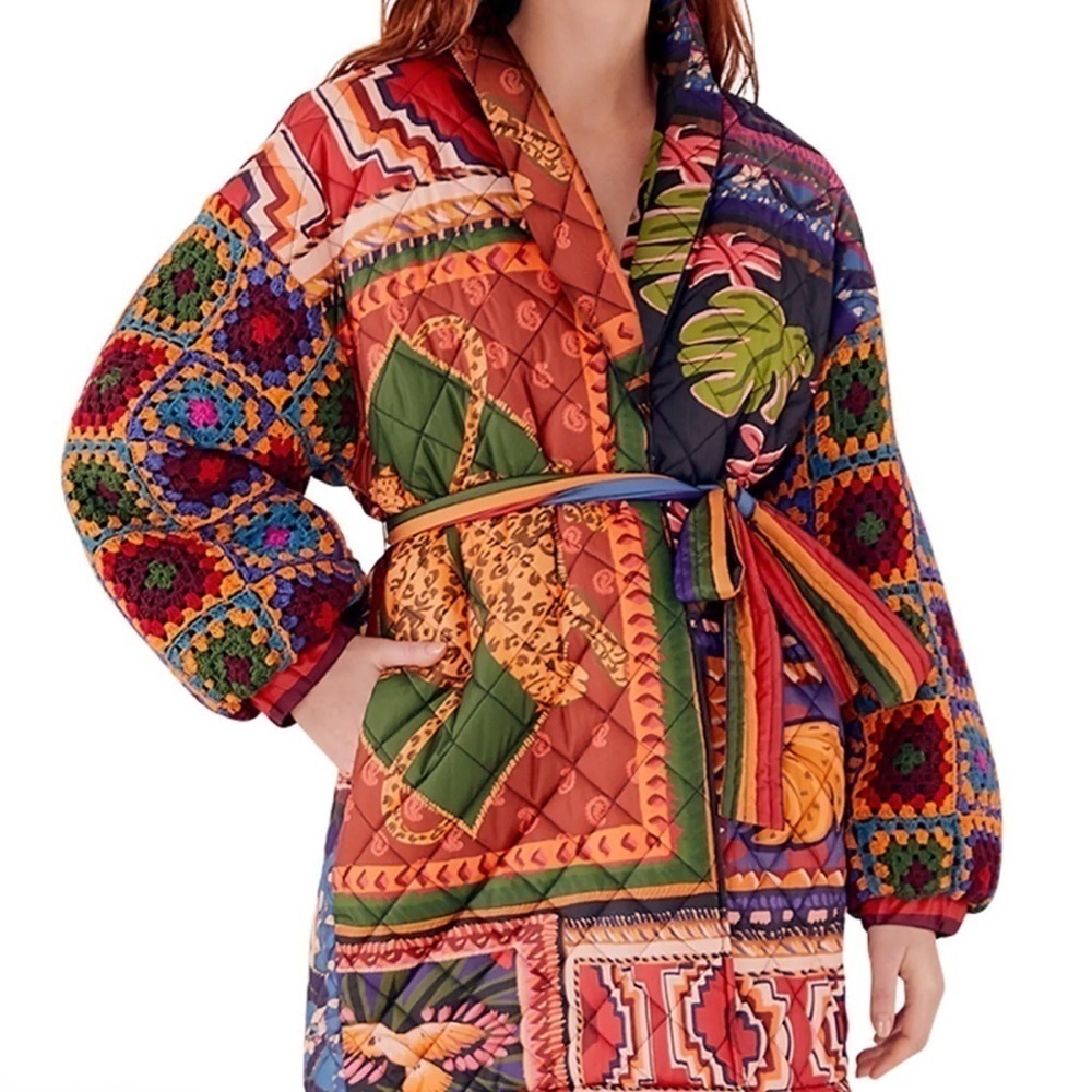 FARM RIO Patchwork Tapestry Crochet-Sleeve Puffer Jacket - Picture 1 of 14